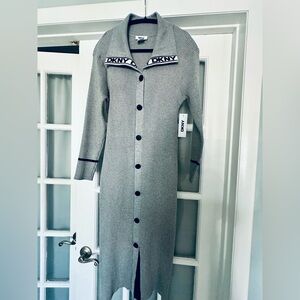 DKNY Light Gray Ribbed Button-Front Cardigan Dress